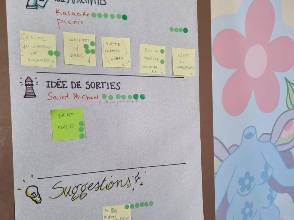 Panneau de co-construction avec des post-it d'idées d'activités et de sorties